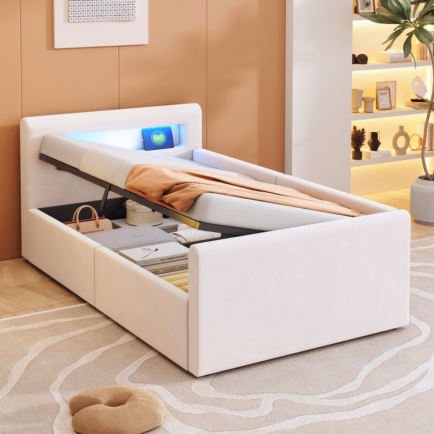 MODFU Letto imbottito 90x200, letto per ragazzi senza materasso, con luce LED e lampada da comodino, letto per ragazzi con caricabatterie USB e spazio per riporre oggetti, letto singolo con ripiano, beige