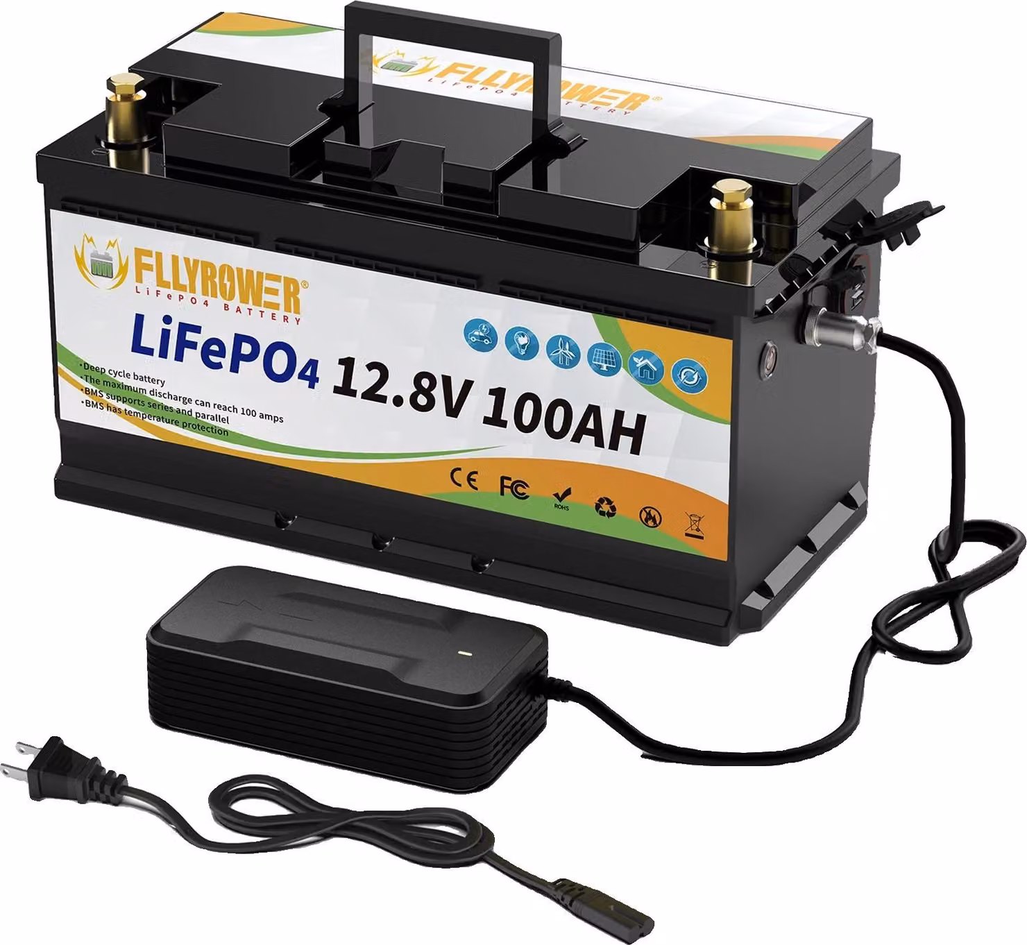 Pacchetto batterie LiFePO4, capacità 100 Ah, impermeabile IP65