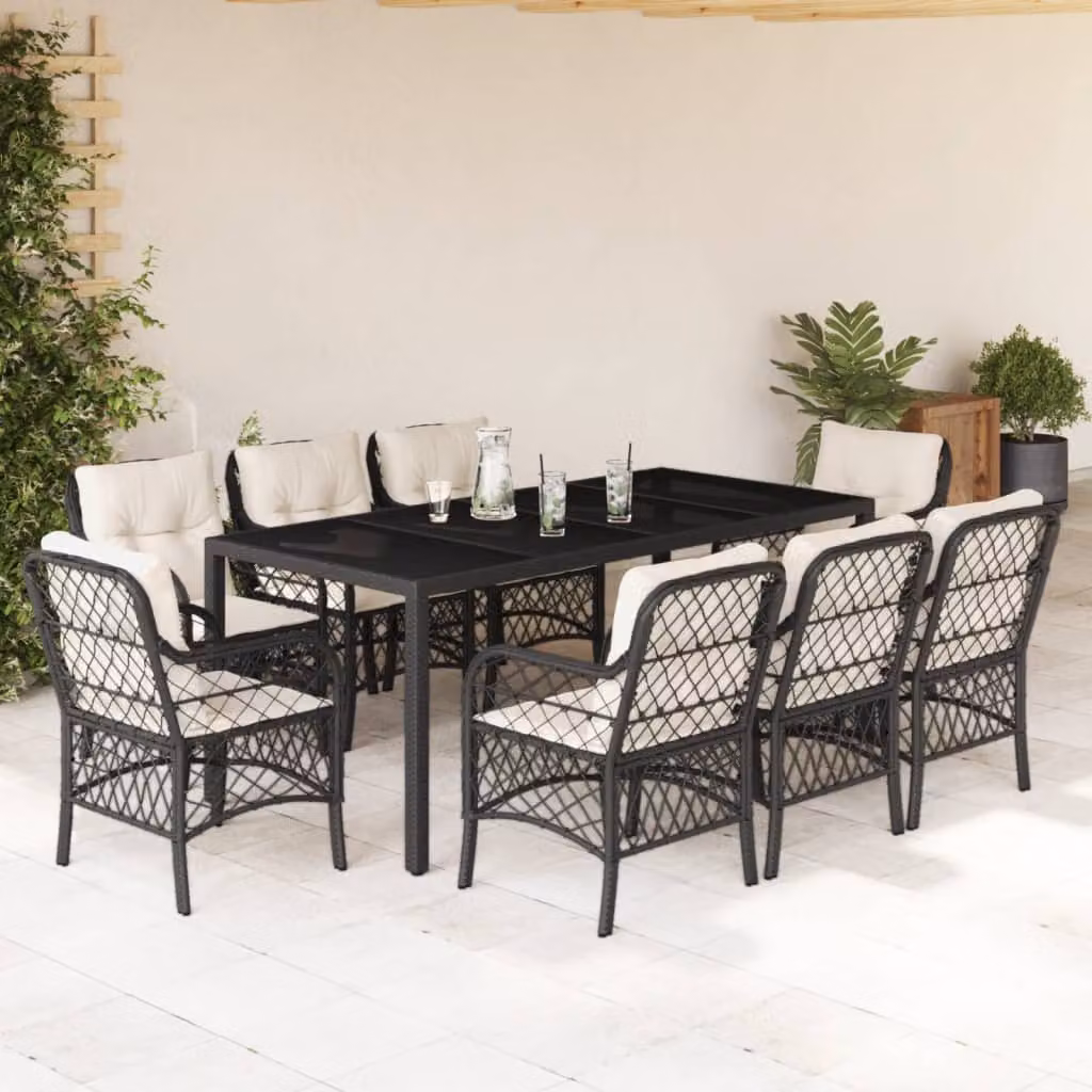 Set da Pranzo da Giardino vidaXL in Polyrattan Nero con Cuscini e Tavolo in Vetro, 9 Pezzi – 1