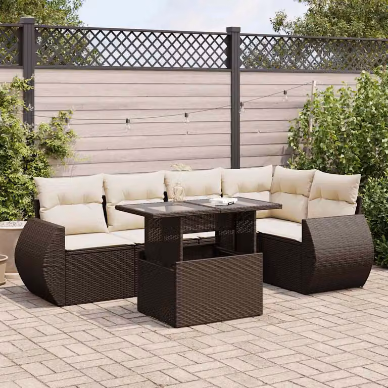 Set Divano da Giardino L-Shape vidaXL in Polyrattan Marrone e Bianco con 6 Pezzi, Cuscini Inclusi e Tavolino da Caffè