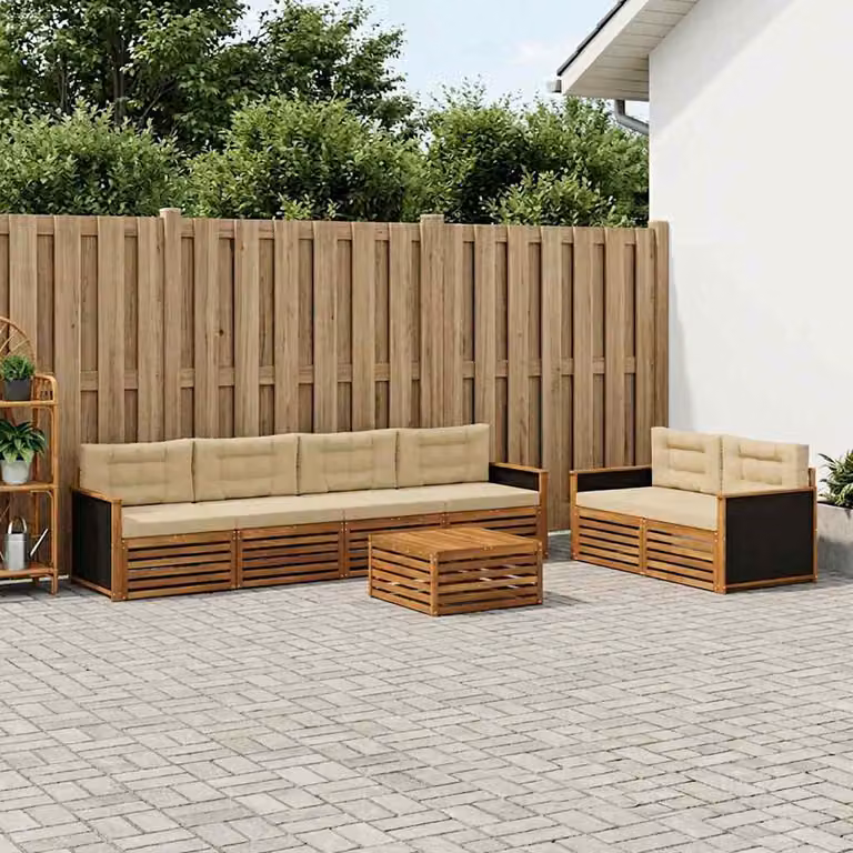 Set di divani da esterno vidaXL 7 pezzi in legno di acacia con cuscini, colore beige e sabbia