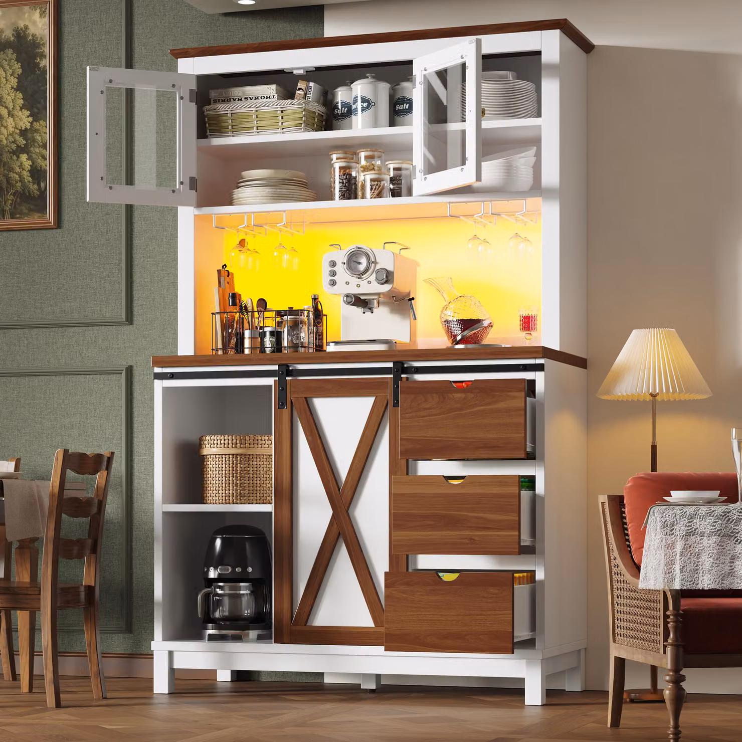 MODFU Armadio alto Armadio alto da cucina con cassetti e ante scorrevoli, armadio contenitore, armadio da cucina con illuminazione a LED e spazio di archiviazione, adatto per soggiorno o cucina, bianco