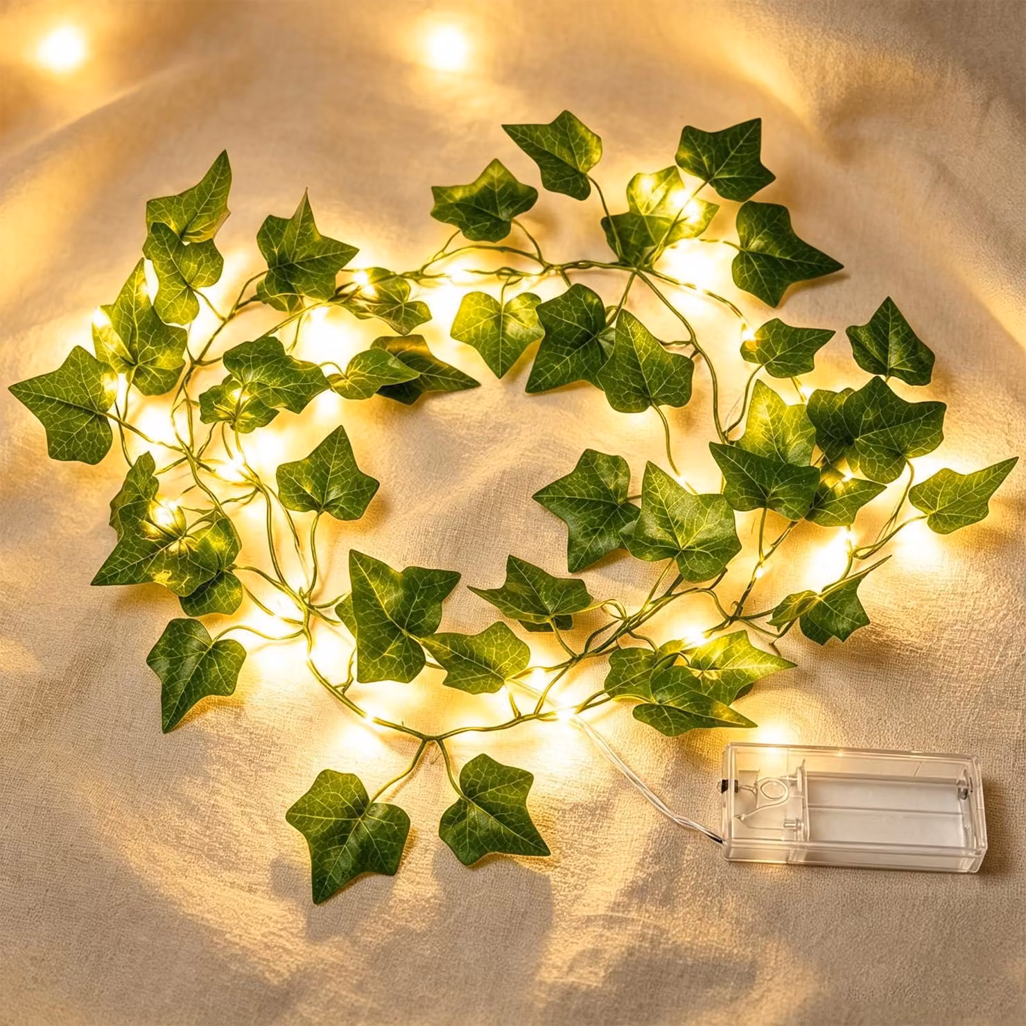 Catena luminosa con foglie di edera, 2 metri, 20 LED bianco caldo, con timer
