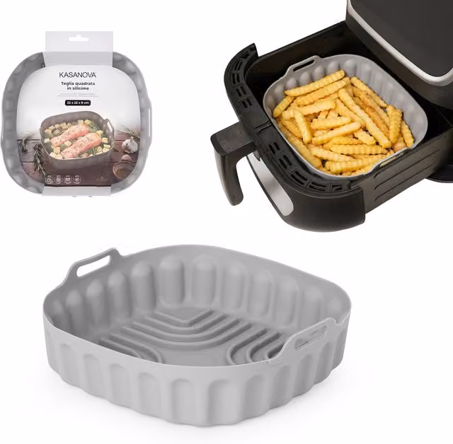 Teglia quadrata in silicone KASANOVA per friggitrice ad aria, grigia, L 22 cm x P 22 cm x H 6 cm