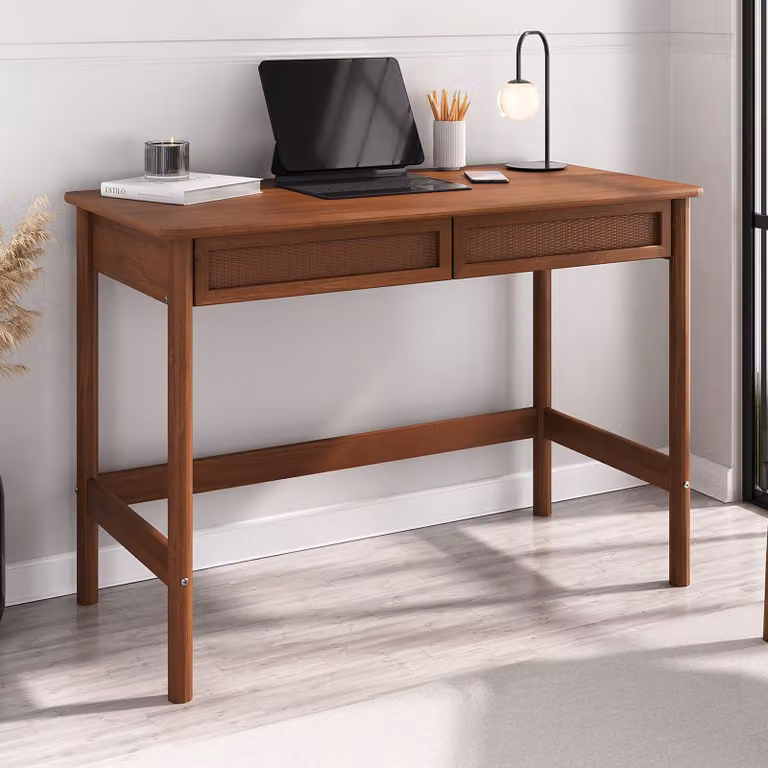 Scrivania RODRIGO, 110 cm di larghezza, color noce - Scrivania da ufficio in legno massello con 2 ampi cassetti dall'aspetto rattan - Scrivania per computer con spazio di archiviazione, scrivania per PC, scrivania per laptop, scrivania da lavoro