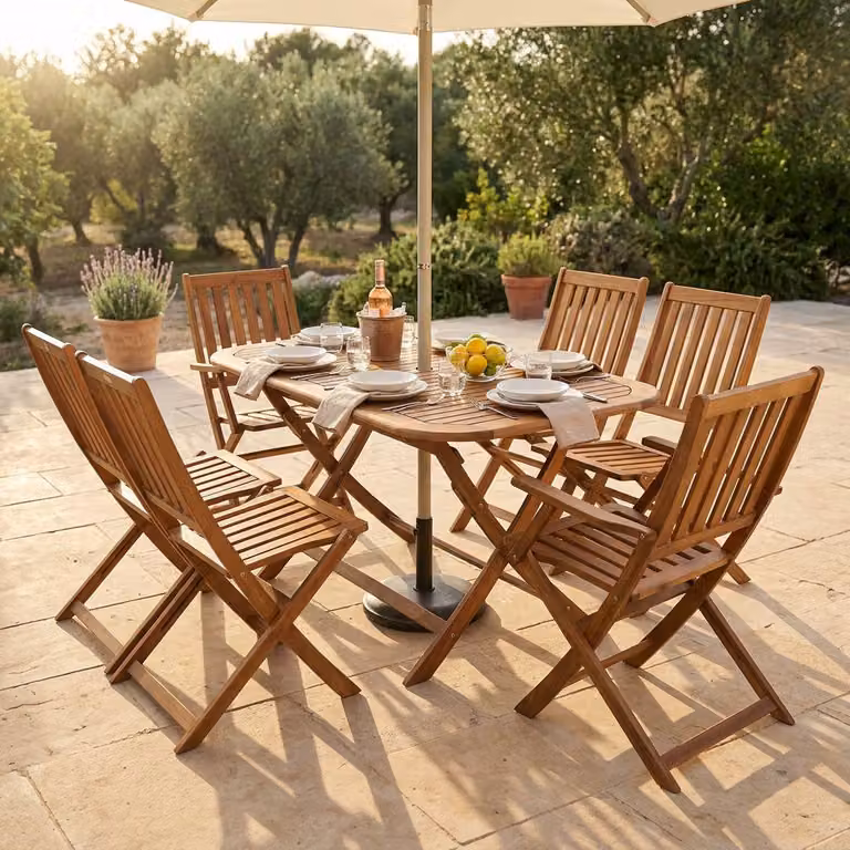 Milani Home - Set Tavolo Giardino Rettangolare Fisso 150x80 Con 4 Sedie E 2 Poltrone In Legno Di Acacia Massiccio Per Esterno - Marrone