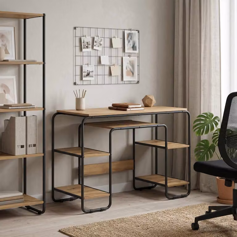 Scrivania vidaXL in stile industriale marrone con piano in legno e struttura in metallo L: 113,5 cm, P: 60 cm, H: 75,5 cm