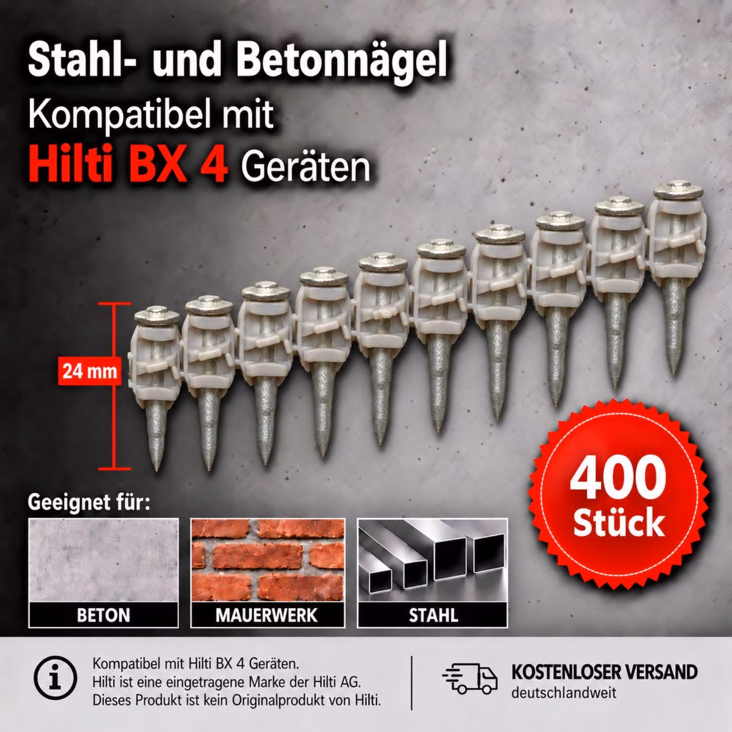 400 chiodi compatibili con Hilti BX 4, lunghezza 24 mm – chiodi per calcestruzzo, chiodi in acciaio