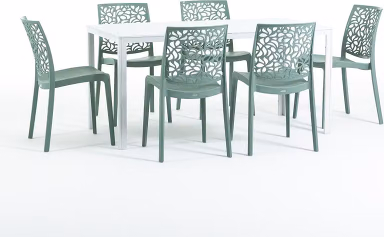 Set da pranzo per esterni con tavolo rettangolare 156x78 cm e 6 sedie impilabili in resina rinforzata con fibra di vetro - design moderno in look legno, ideale per giardino, terrazza e aree esterne coperte - THOMAS+ANNA - verde salvia/bianco