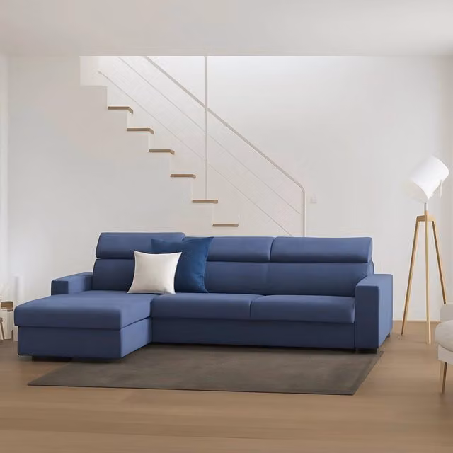 Divano ad angolo Akela Talamo Italia con chaise longue sinistra e contenitore, rivestimento in tessuto blu, L: 280 cm, H: 85 cm, P: 95 cm