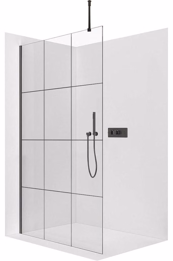 CERANO - Box doccia Walk-in Onyx Top Round L/P - 8 mm - montante rotondo - nero opaco, vetro industriale - 90x200 cm