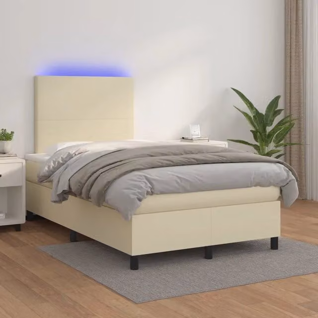 Letto con giroletto a molle, materasso ibrido e illuminazione LED vidaXL, color crema e beige, L/P/H: 120 x 200 x 203 cm