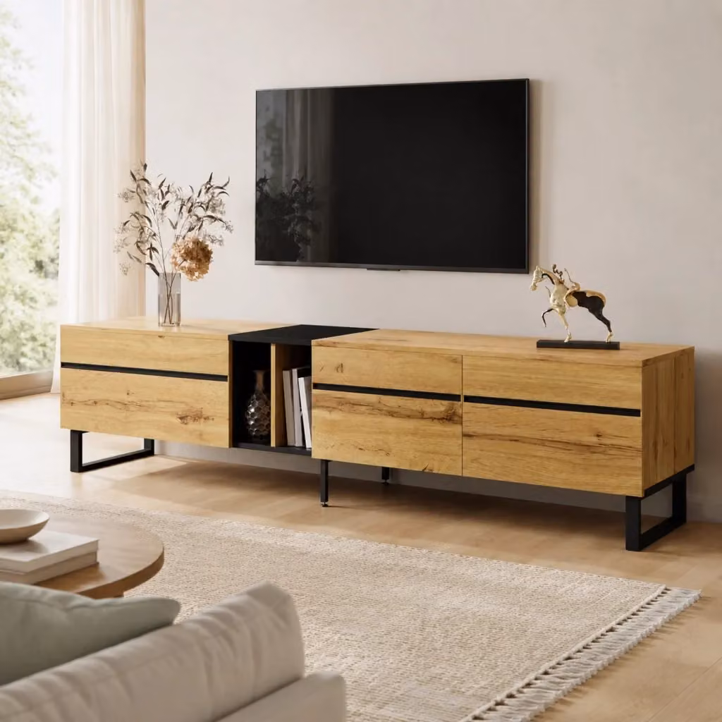 Mobile TV Mivray moderno in pannello truciolare colore legno marrone con anta a ribalta e vani aperti L: 180 cm, P: 38 cm, H: 45 cm – 2