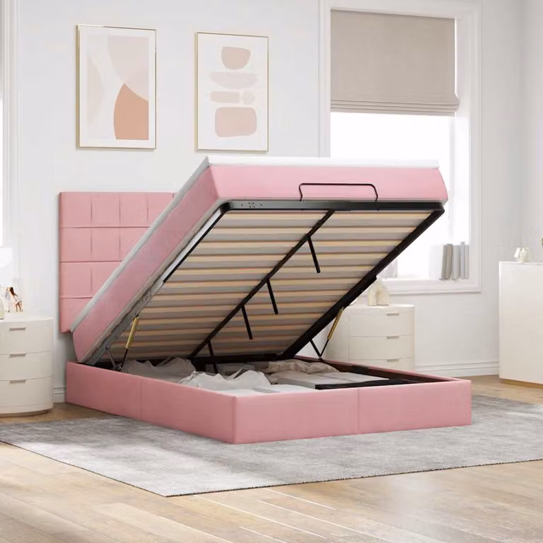 vidaXL Letto con Contenitore e Pouf in Velluto Rosa e Bianco, L/P/H: 190 x 140 x 128 cm con Porte USB e Illuminazione Sotto il Letto
