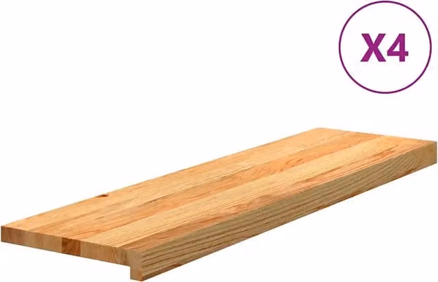 Set di 4 tappetini autoadesivi per scale in legno massello di rovere, colore marrone chiaro, L: 90 cm, P: 25 cm, H: 2 cm
