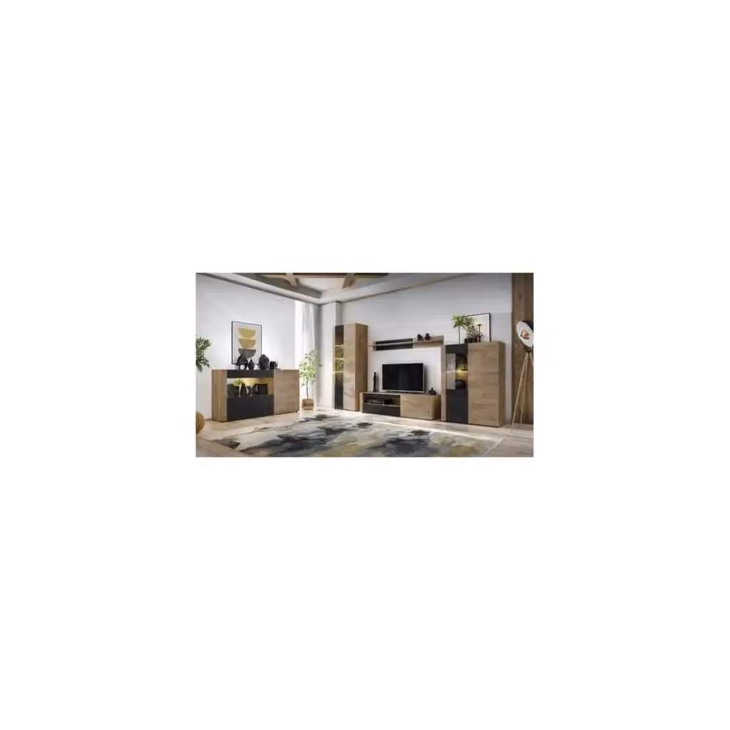 Set completo soggiorno DOUM Meublorama in stile industrial con credenza bassa, vetrina, mobile TV, credenza alta e mensola a muro, colore rovere chiaro e nero – 2