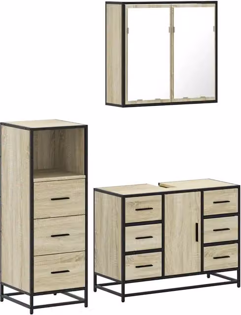 Set Mobili da Bagno | Armadio da bagno 3 pz Rovere Sonoma in Legno Multistrato