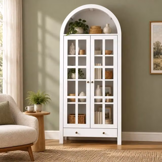 Vetrina alta ULEVR 75x35x170,5 cm ad arco con ante in acrilico, ripiani e cassetto, bianca