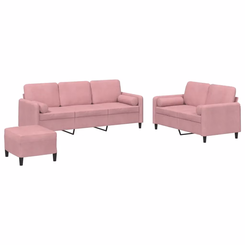 vidaXL Set di Divani 3 Pezzi in Velluto Rosa con Pouf e Cuscini per Soggiorno – 2