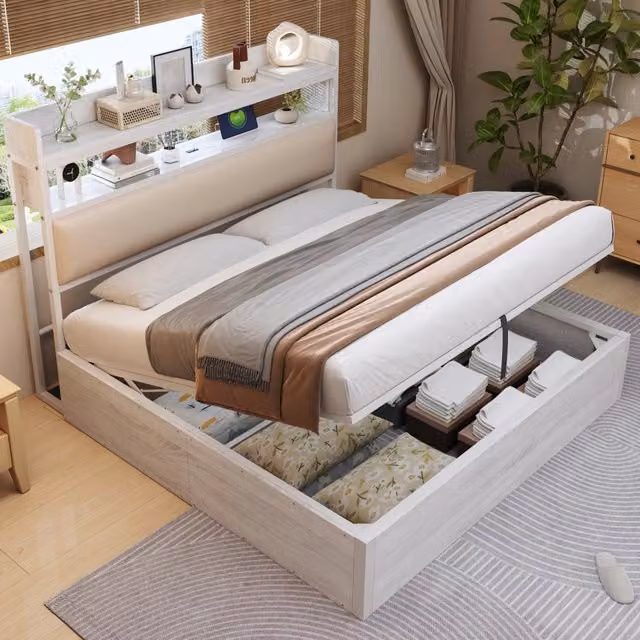 Letto matrimoniale 180x200 cm con contenitore; USB e testiera imbottita; bianco