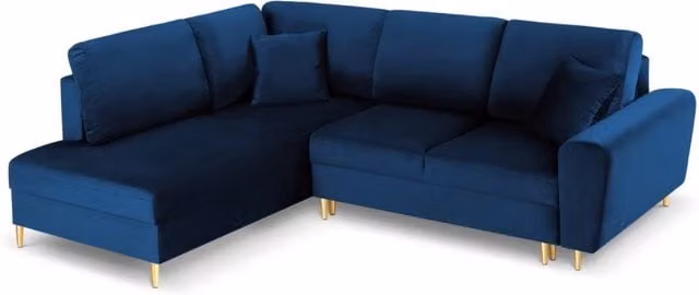 Divano angolare sinistro convertibile con contenitore Kyoto di Cosmopolitan Design in velluto blu e oro, 5 posti, L 243 cm x P 194 cm x H 88 cm