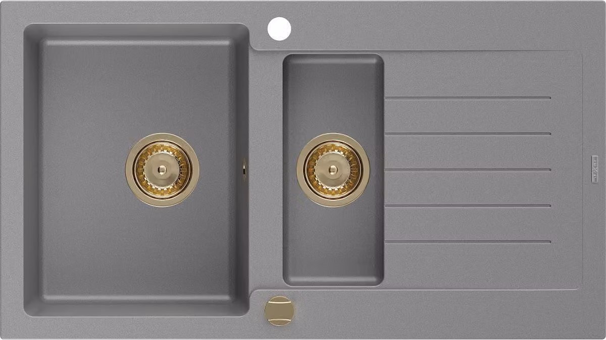Mexen Matias lavello in granito 1,5 vasche con sgocciolatoio 900 x 505 mm, grigio, sifone dorato - 6502901505-71-G