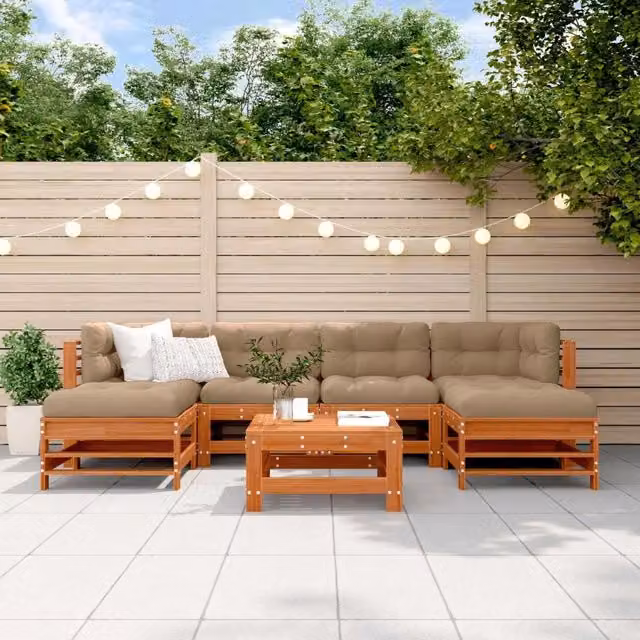 Set Lounge da Giardino 7 pz vidaXL in Legno di Pino Cerato Marrone con Cuscini e Tavolino