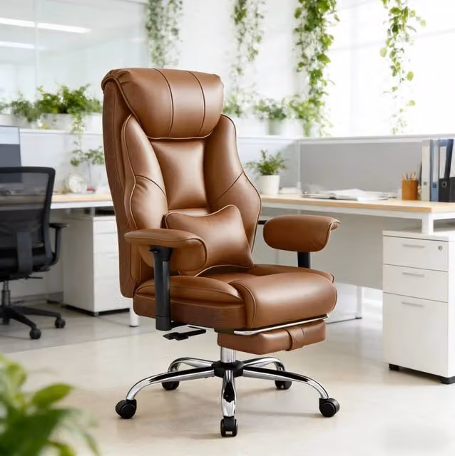 Sedia da ufficio ergonomica con schienale alto in PU marrone, altezza regolabile 118-125,5 cm