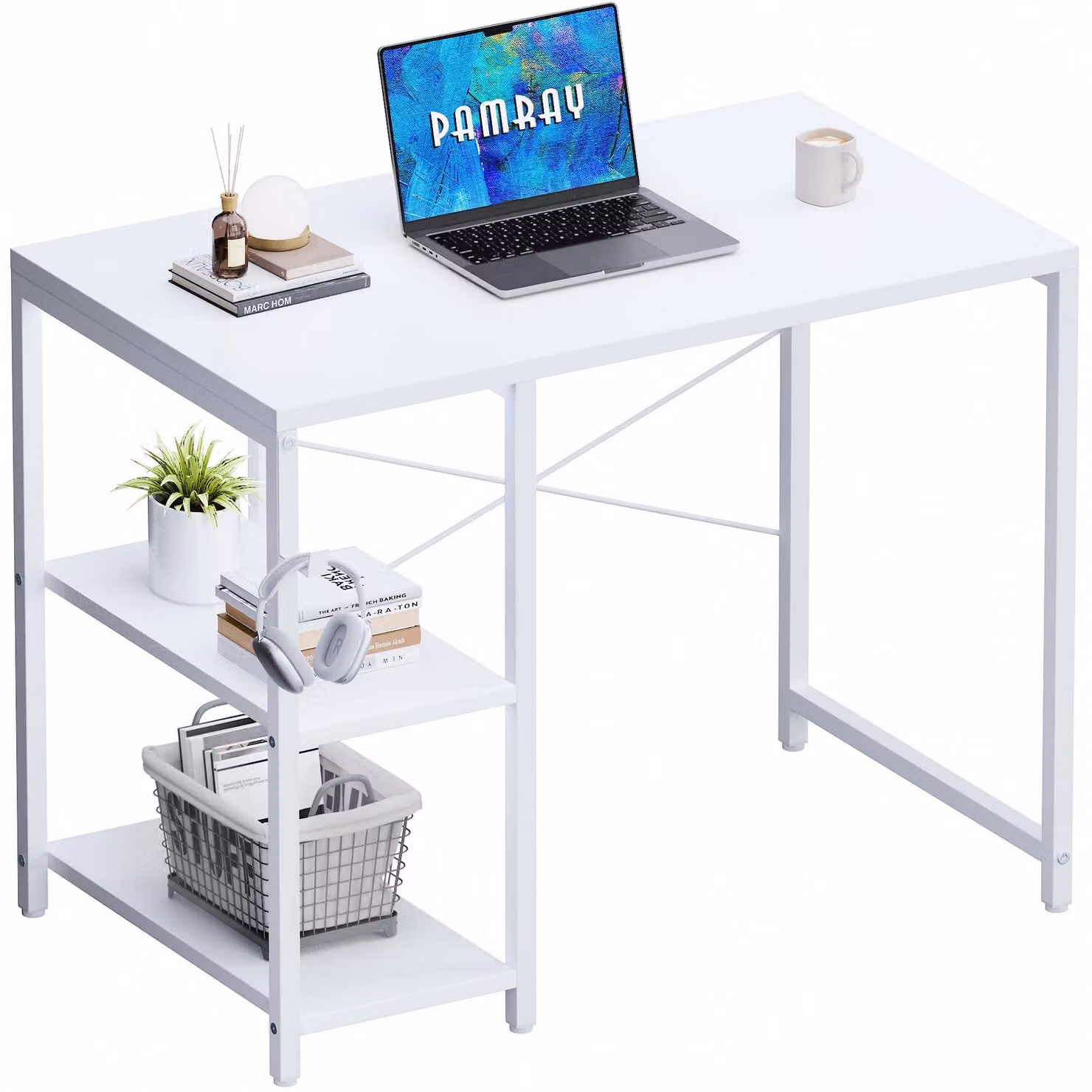 Scrivania compatta per computer, 80 cm, con ripiani, ideale per l'ufficio domestico, colore bianco