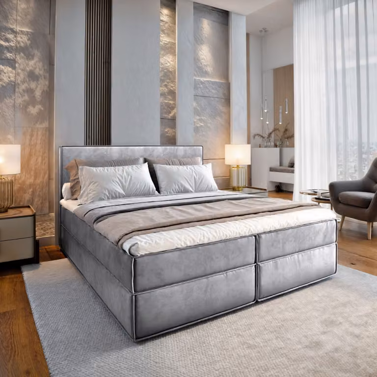 Letto a molle Masseno PELLIO 160x200 cm completo di materasso e topper Bonell, letto imbottito con cassettiera - grigio chiaro, MONOLITH 84