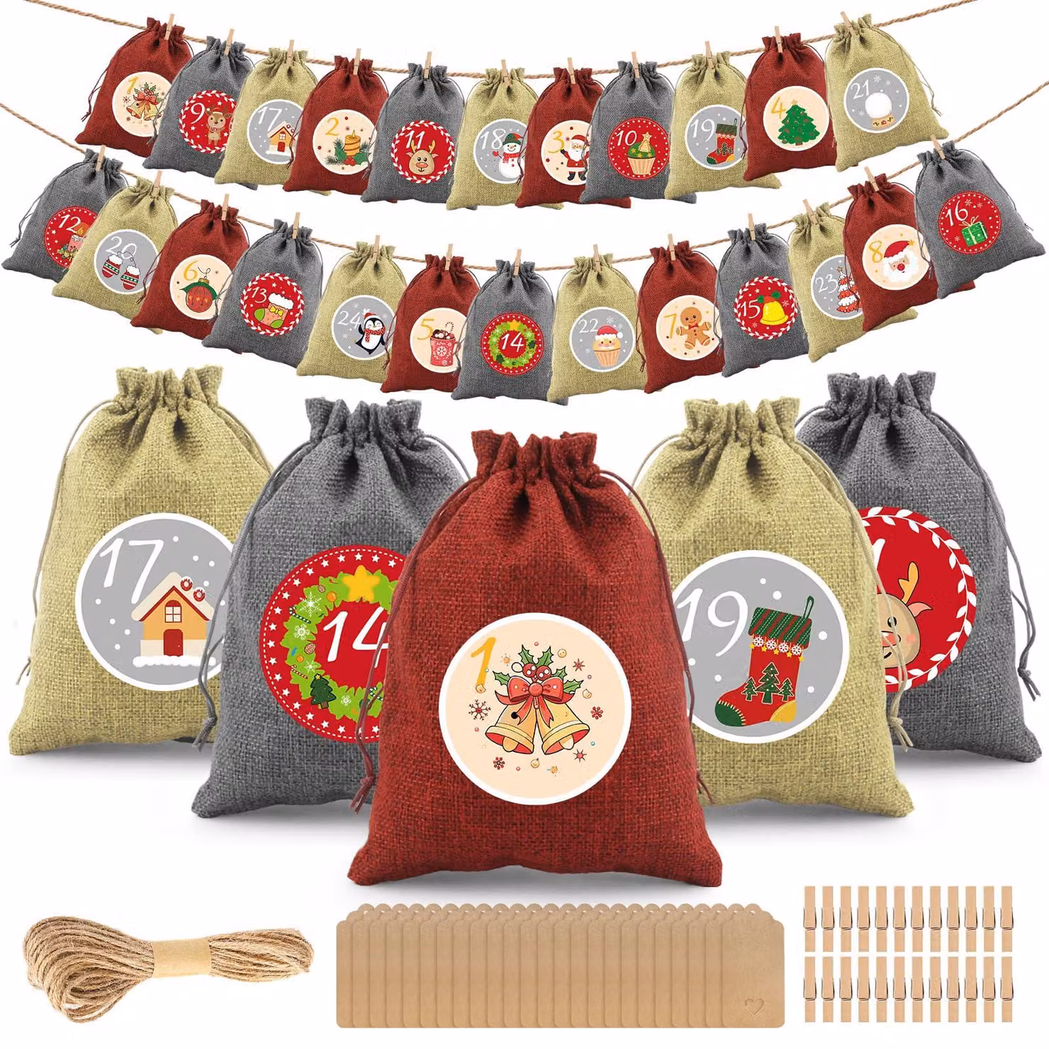 Calendario dell'Avvento da riempire, 24 sacchetti di iuta, 18x13 cm, decorazione natalizia