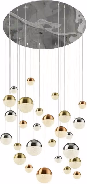 Plafoniera a sospensione Searchlight Contemp Pianeti in acciaio cromo, ottone e policarbonato multicolore con LED da 204W e luce bianca fredda 4000K, regolabile e dimmerabile