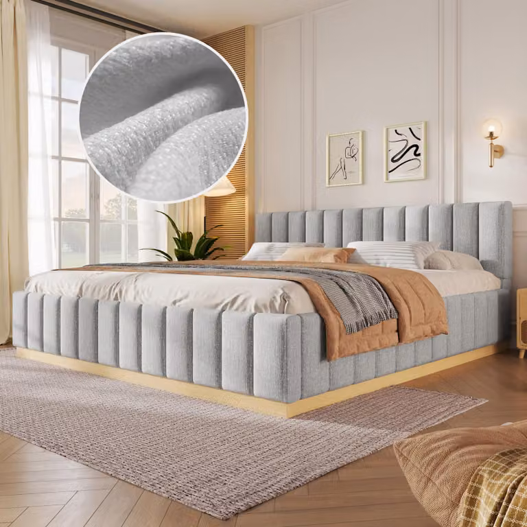 Letto imbottito Flieks, 180x200 cm, con testiera imbottita. Letto per ragazzi, modello classico con rete a listelli. Letto matrimoniale in legno, tessuto in chenille, colore grigio