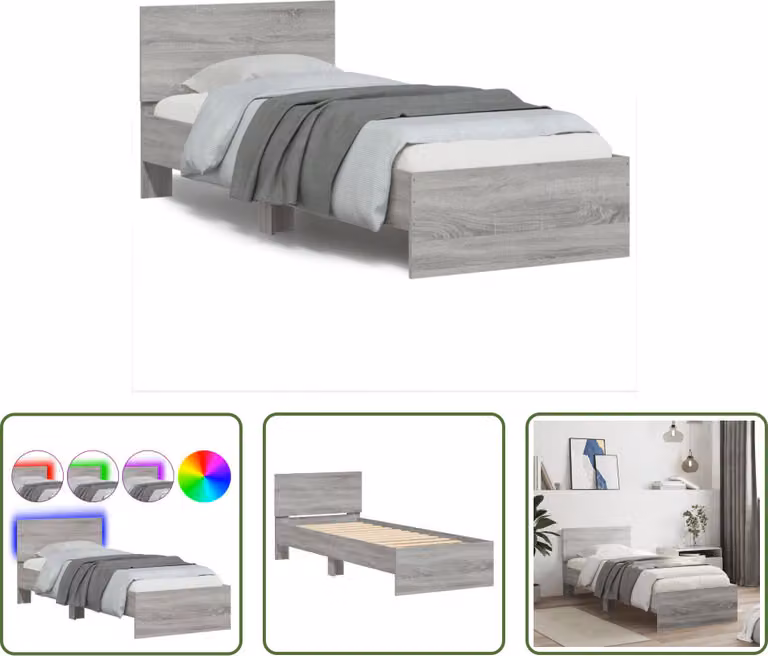 The Living Store Struttura letto con testiera e luci LED Grigio Sonoma 75x190 cm