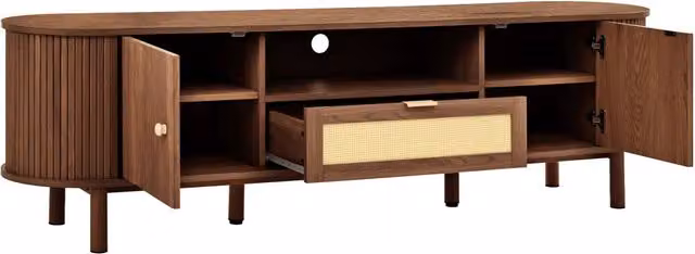 Mobile TV MDF in color noce, con cassetti in rattan e ripiani aperti, design moderno con piano arrotondato e gambe effetto legno, 175x36x51 cm