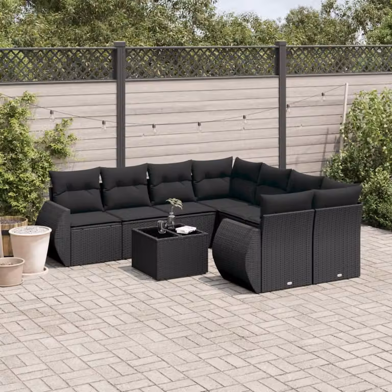 vidaXL Set Divani da Giardino 9 pz a Forma a L con Cuscini e Tavolino, Polyrattan e Metallo, Nero