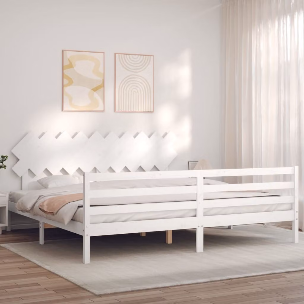 The Living Store Letto in legno massiccio con testiera bianco 200x200 cm