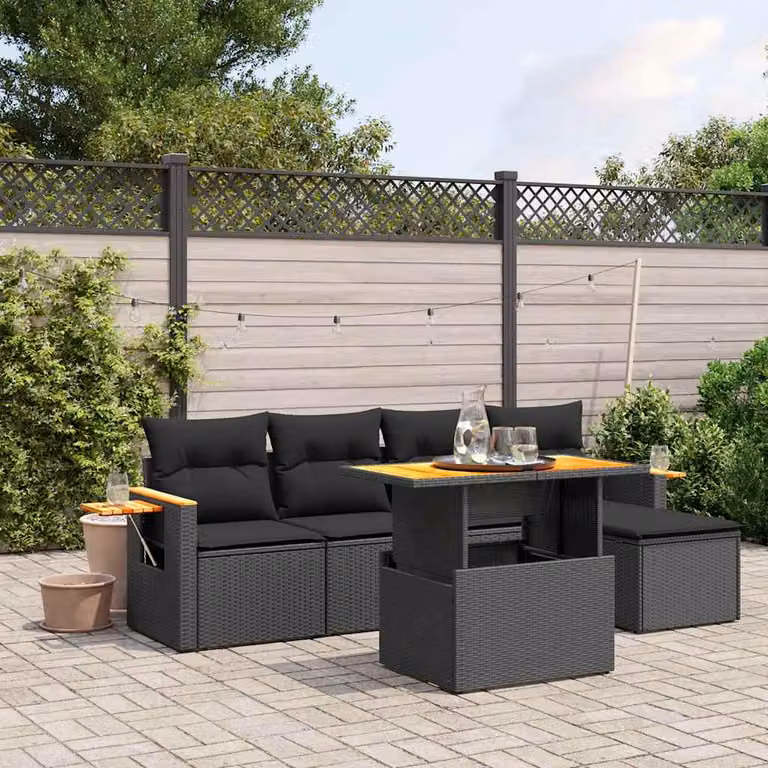 vidaXL Set Divano da Giardino 6 pz in Polyrattan Nero con Cuscini e Tavolino