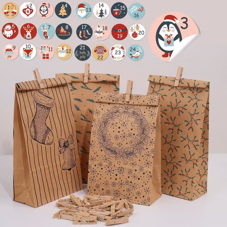 Sacchetti di carta da riempire, calendario dell'Avvento, 24 pezzi, con mollette di legno e adesivi, color marrone, carta da imballaggio, sacchetti regalo