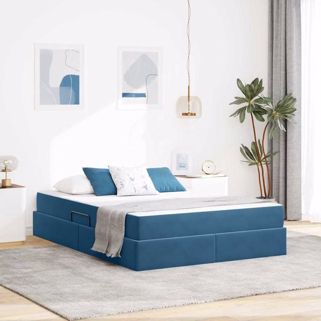 Letto con contenitore e materasso ibrido vidaXL in velluto blu con base a sollevamento L/P/H: 204 x 140 x 43,5 cm