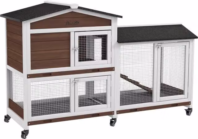 Recinto per piccoli animali PawHut con ruote e casetta con tetto bituminoso in legno e acciaio, Marrone – 1