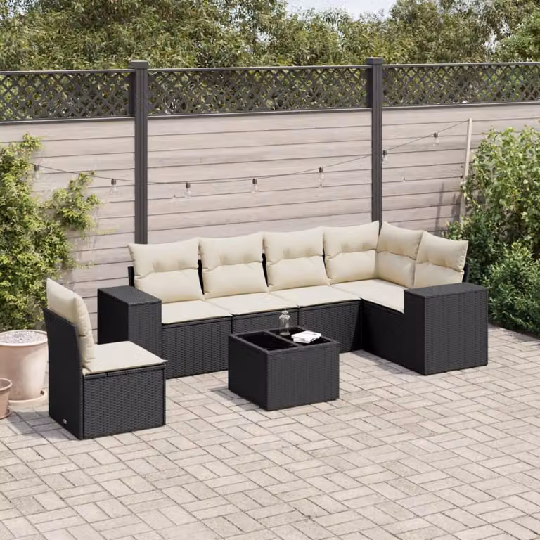 vidaXL Set Divani da Giardino a L con Cuscini 7pz Nero e Bianco in Polyrattan e Acciaio