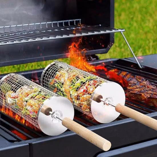 Carrello per barbecue girevole e con ruote per il campeggio - Carrello per barbecue pieghevole con ruote - Con manico in legno rimovibile - In acciaio inossidabile 304 - Accessori per cucine da esterno e barbecue - Adatto per ortaggi, giardinaggio, barbec