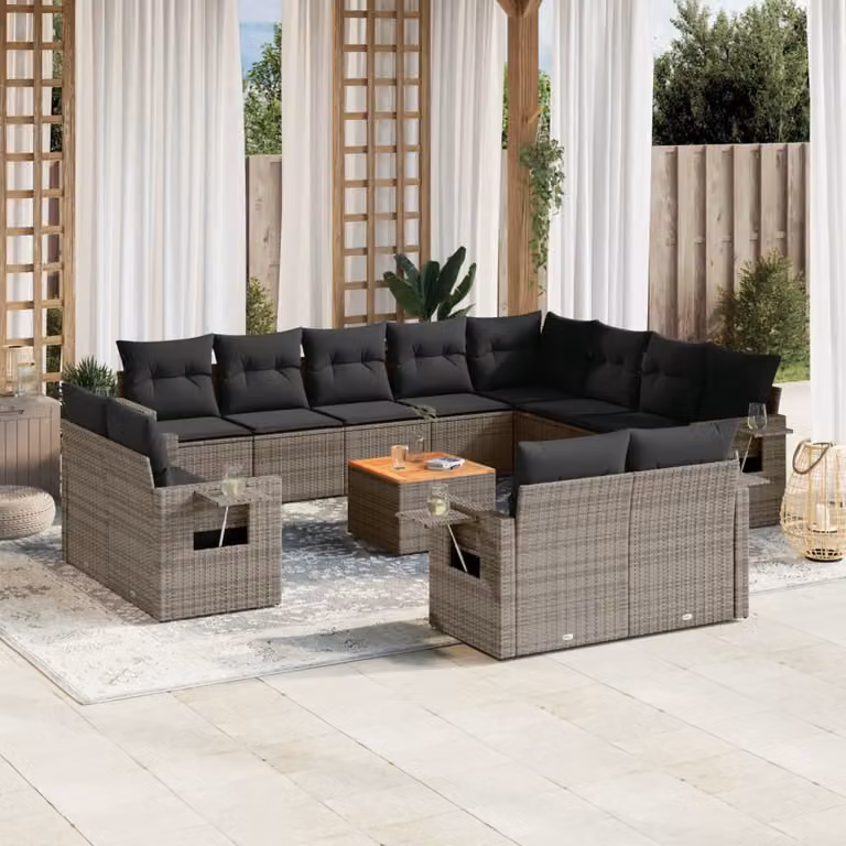 Set di divani da giardino vidaXL a forma di U composto da 13 pezzi in polyrattan con cuscini grigi e tavolino da esterno