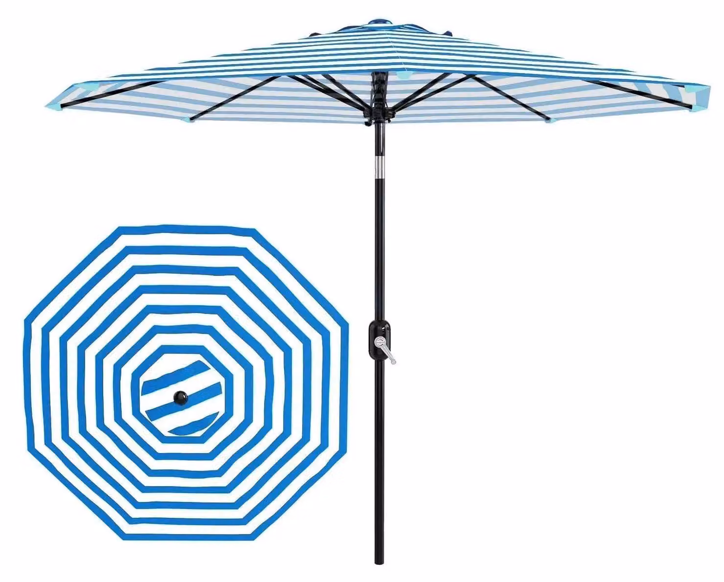 Ombrellone - Ombrellone da giardino - Diametro 270 cm - Protezione UV - Impermeabile - Manovella e inclinabile - Resistente al vento - A righe blu e bianche