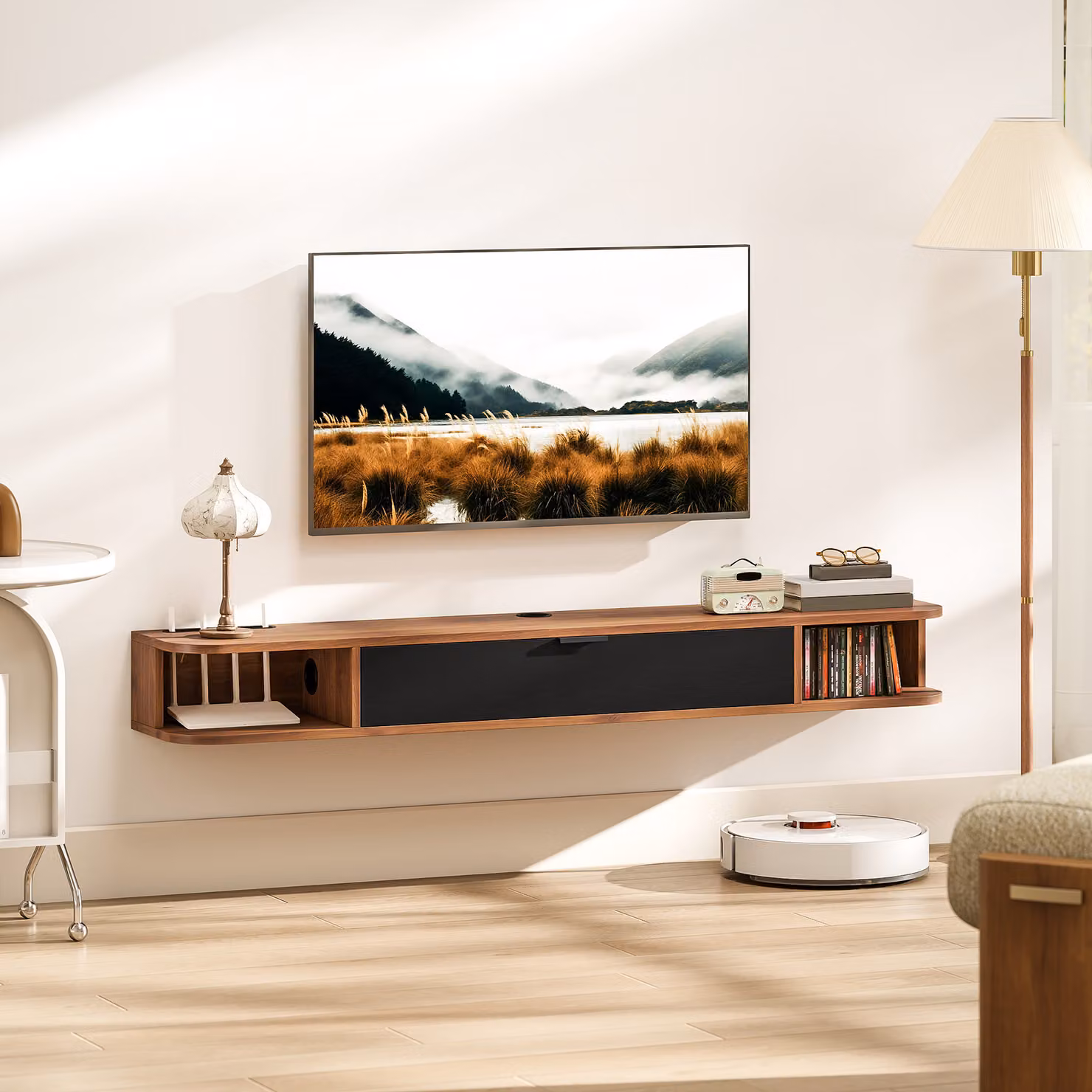 Mobile TV sospeso HOMCOM per schermi fino a 152.4 cm con cassetto ribaltabile e 2 ripiani, colore noce – 2