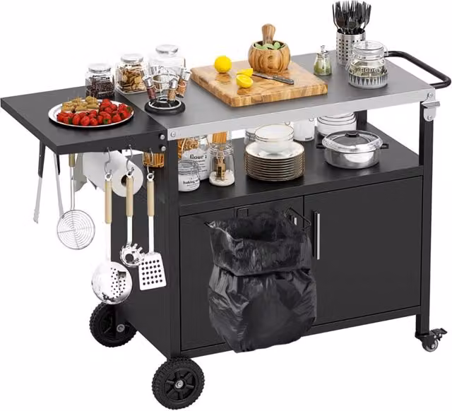 Carrello da griglia con ripostiglio da cucina da esterno con piano, Carrello da griglia e armadietto a 2 porte Nero