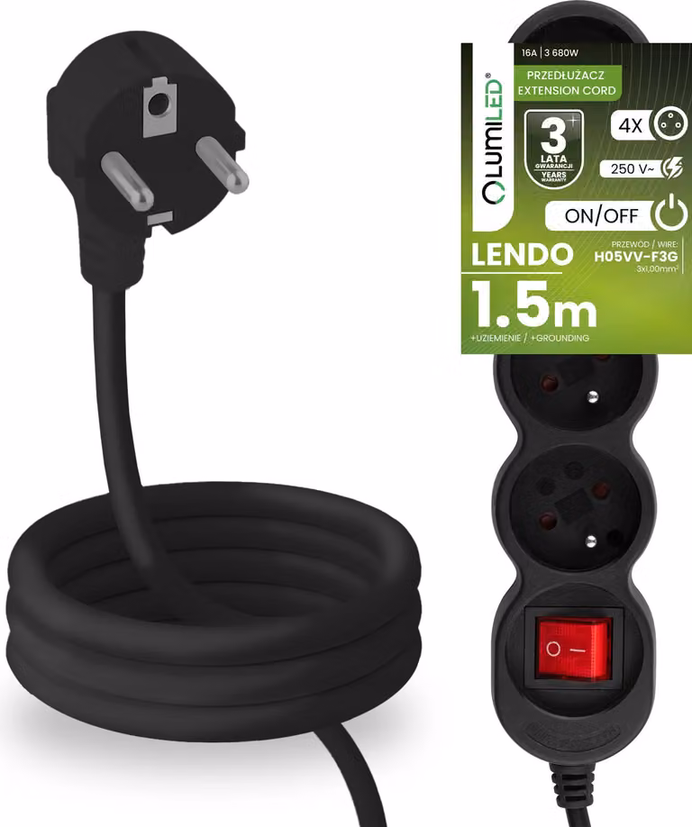 Presa multipla LUMILED con interruttore ON/OFF Presa a 4 vie tipo E, cavo da 1,5 m H05VV-F3G nero Presa multipla spina E 16A 3680W 250V IP20 Staffa di fissaggio