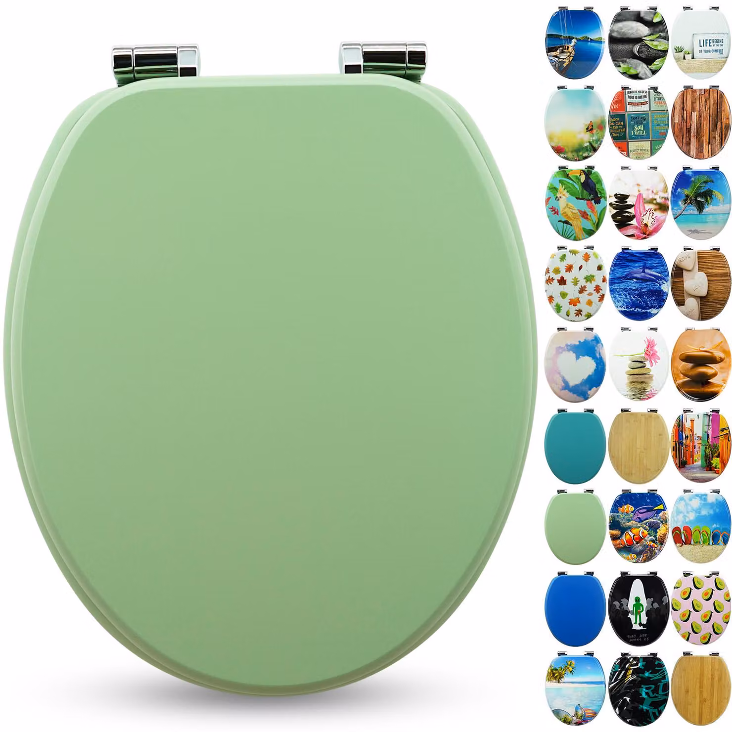 Sedile WC Sanfino® Premium "Mint Green": sedile WC di alta qualità in legno con chiusura ammortizzata, numerosi motivi colorati, facile da montare