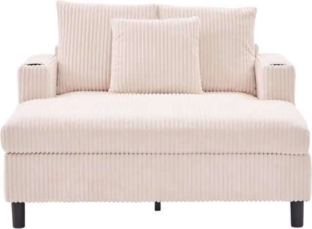 Poltrona Chaise Longue Chicfurn in Velluto a Coste Beige con LED, Porte USB e Portabicchieri, L/P/H: 142 x 128 x 85 cm